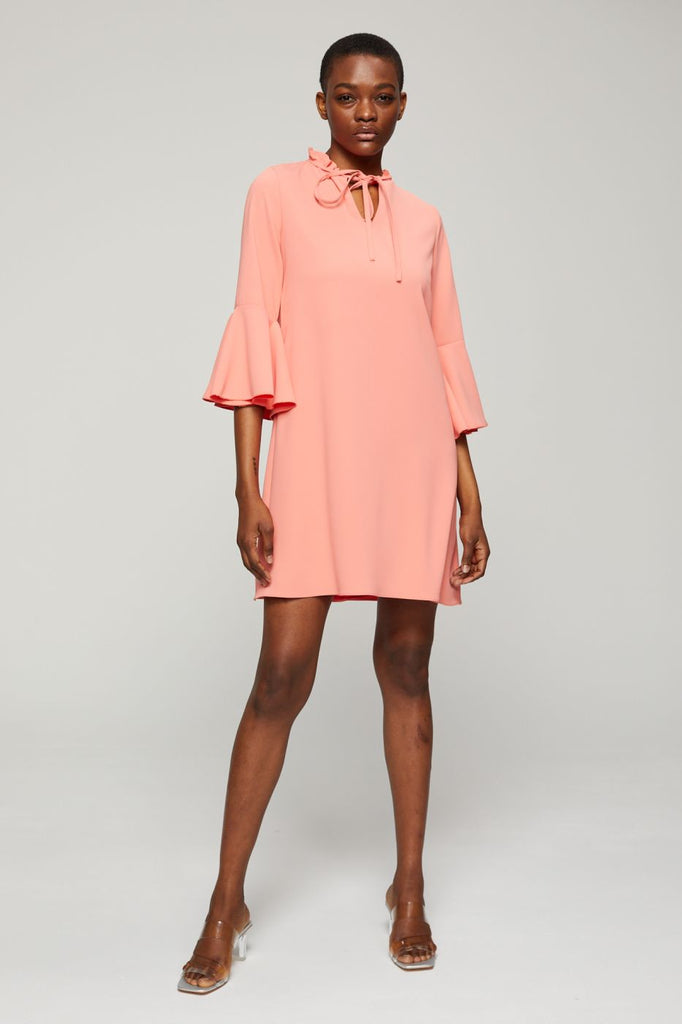 Robe corail évasée et col à fronces - CORAIL