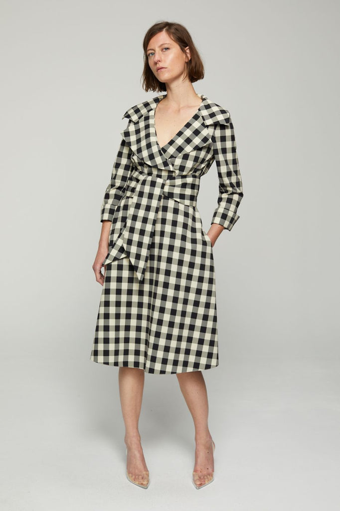 Robe croisée nouée imprimé vichy noir - NOIR