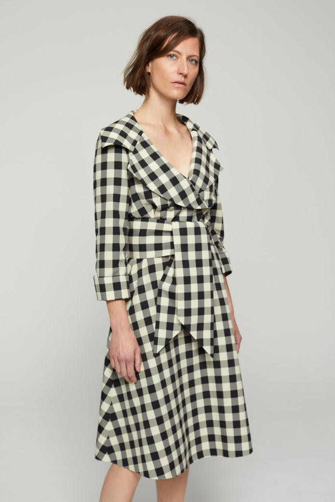 Robe croisée nouée imprimé vichy noir - NOIR