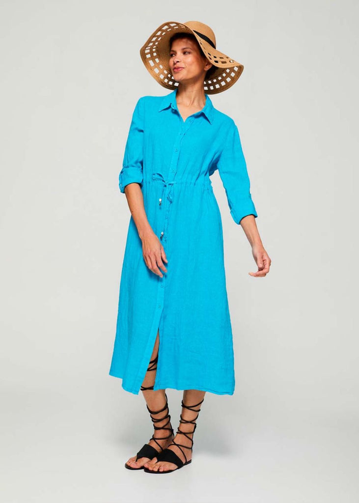 Robe chemise en lin bleu turquoise - TURQUOISE_MOYEN