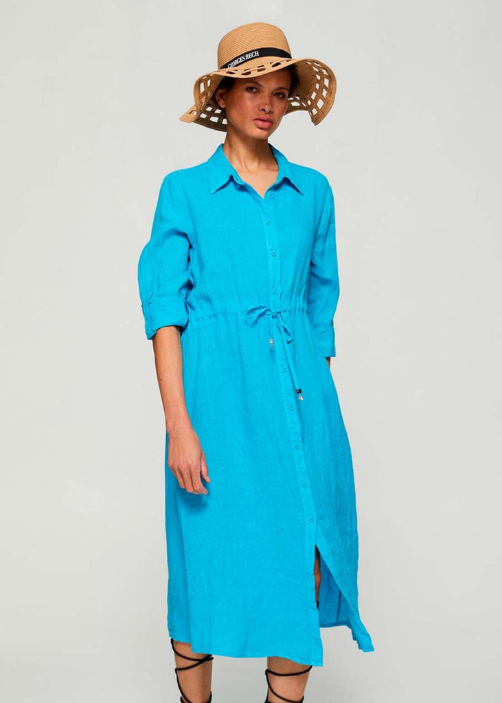 Robe chemise en lin bleu turquoise - TURQUOISE_MOYEN